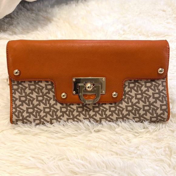 Dkny Handbags - DKNY Monogram Logo Orange Leather Trim Shoulder Bag Baguette Purse Gold Hardware